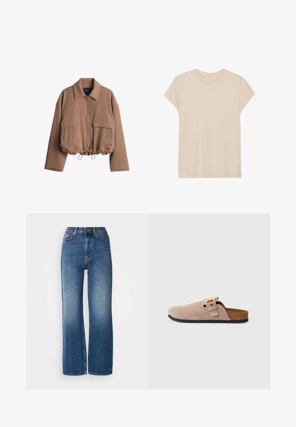 Geknipte bruine jas van zachte stof met een slangekraag, ritssluiting aan de voorkant, twee zijzakken en een verstelbare trekkoordzoom.; Beige T-shirt met korte mouwen, gemaakt van zachte stof, met een ronde hals en een relaxte pasvorm. Gladde textuur zonder zichtbare patronen of accenten.; Hoge taille, wijde blauwe denim jeans met een gradient wassing, koperen stiksels, een knoopsluiting aan de voorkant en vijf zakken.; Muiltje in lichtbeige suede. Voorzien van een verstelbare band met gouden gesp, kurken voetbed en zwarte rubberen zool. Eenvoudig ontwerp, open achterkant.