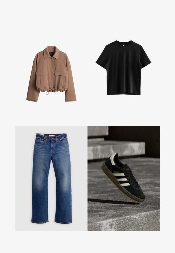 Geknipte bruine jas van zachte stof met een slangekraag, ritssluiting aan de voorkant, twee zijzakken en een verstelbare trekkoordzoom.; Zwarte t-shirt met korte mouwen, gemaakt van gladde stof; heeft een klassieke ronde halslijn en een ontspannen pasvorm zonder zichtbare logo's of versieringen.; Blauwe rechte spijkerbroek met voorzakken, ceintuurlussen en vervaging op de dijen, afgebeeld op een effen witte achtergrond.; Zwarte Adidas sneaker met witte strepen en gumzool die boven grijze betonnen trappen zweeft in natuurlijk licht.