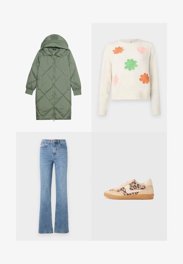 Gequiltede lange groene pufferjas met een capuchon, met een ritssluiting aan de voorkant en twee zijzakken. Gelaagd ruitpatroon overal.; Crème sweater met vijf geborduurde bloemen in roze, oranje en groen. Ribbelboord aan de mouwen en onderkant. Zachte textuur met een ontspannen pasvorm.; Lichtblauwe denim jeans met een flare-pasvorm, hoge taille en minimale hardware. Kenmerken zijn de klassieke vijfzak-stijl en subtiele stiksels.; Luipaardprint sneakers met een beige suède bovenkant, tan rubberen zool en witte accenten. Ronde neus en vetersluiting met een gestructureerde afwerking.
