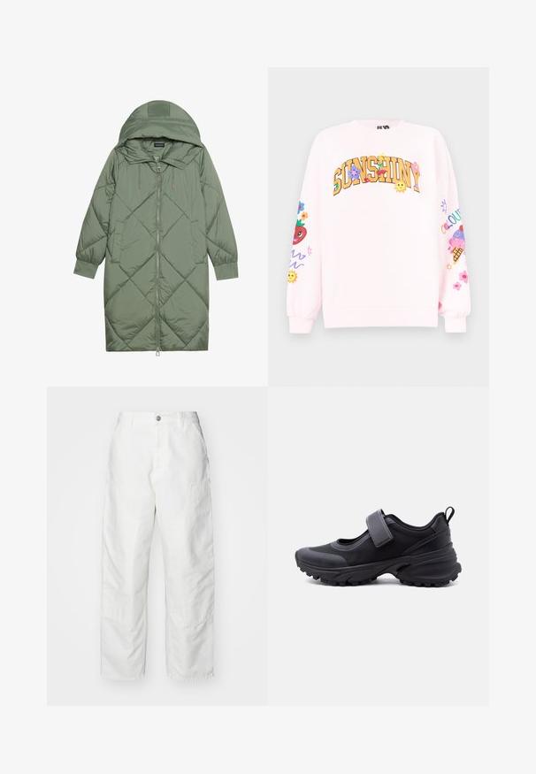 Abrigo acolchado largo verde tipo puffer con capucha, que presenta un cierre frontal con cremallera y dos bolsillos laterales. Patrón de diamantes texturizado en toda su superficie.; Sudadera rosa claro con el texto "SUNSHINY" decorado con flores, cerezas, soles sonrientes y diseños coloridos en ambas mangas.; Pantalones cargo blancos de mezclilla, con un corte relajado, bolsillos laterales y detalles de costura visibles. Parte delantera lisa con cierre de botón.; Zapatilla deportiva negra con suela robusta, tira ajustable en la parte superior y lengüeta en el talón, mostrada de perfil sobre un fondo blanco.