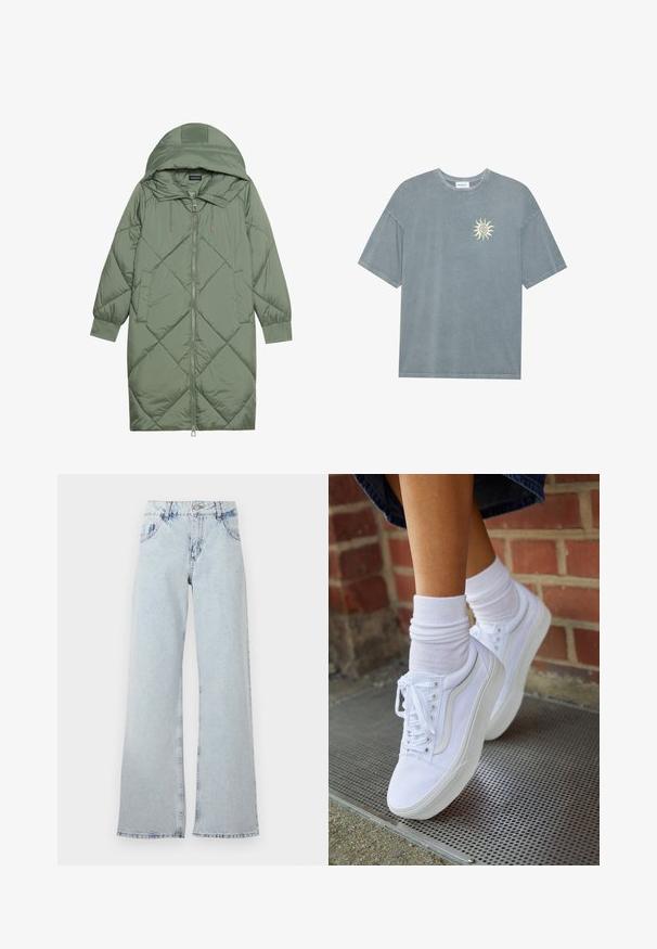 Manteau matelassé long vert avec capuche, doté d'une fermeture éclair à l'avant et de deux poches latérales. Motif en losanges texturé sur toute sa surface.; T-shirt surdimensionné bleu clair en coton doux, avec un col rond et un motif de soleil jaune sur le côté gauche de la poitrine.; Jeans large bleu clair en denim, avec une taille haute, des passants de ceinture, cinq poches et des zones décolorées pour un aspect vintage.; Baskets en toile blanches avec semelles en caoutchouc, dotées de six œillets, d'un bout rond et de détails de couture légers, portées avec des chaussettes blanches mi-mollet.