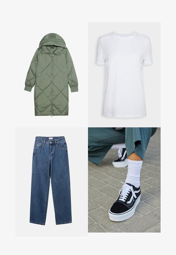Gesteppten langer grüner Daunenmantel mit Kapuze, mit einem Reißverschluss vorne und zwei Seitentaschen. Strukturiertes Rautenmuster auf der gesamten Fläche.; Schlichtes weißes T-Shirt mit kurzen Ärmeln und Rundhalsausschnitt, normaler Passform und einem kleinen Innenhalsetikett mit der Aufschrift „SELECTED FEMME.“; Klassische blaue Denim-Jeans mit geradem Bein, fünf Taschen und Knopfverschluss. Sie verfügen über eine mittelblau gewaschene Optik und sind aus robuster Textur.; Schwarze Wildledersneaker mit weißen Akzenten und Schnürsenkeln, ausgestattet mit einer dicken weißen Sohle und kontrastierenden Nähten, kombiniert mit einer weißen Socke.