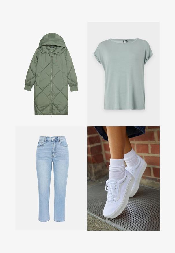 Manteau matelassé long vert avec capuche, doté d'une fermeture éclair à l'avant et de deux poches latérales. Motif en losanges texturé sur toute sa surface.; T-shirt vert clair au fit décontracté, à manches courtes retroussées et à encolure ronde. Texture douce et lisse avec un design légèrement ample.; Jean en denim bleu clair taille haute avec bouton et fermeture éclair à l'avant, deux poches avant et jambes droites coupées sur un fond uni.; Baskets en toile blanches avec semelles en caoutchouc, dotées de six œillets, d'un bout rond et de détails de couture légers, portées avec des chaussettes blanches mi-mollet.