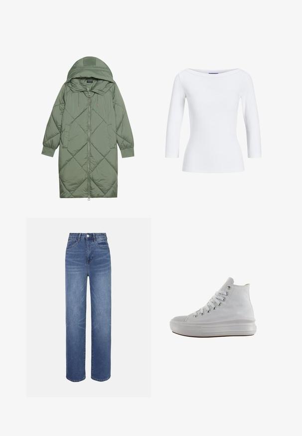 Manteau matelassé long vert avec capuche, doté d'une fermeture éclair à l'avant et de deux poches latérales. Motif en losanges texturé sur toute sa surface.; Top à manches longues côtelé blanc avec un décolleté bateau. Le tissu est lisse, ajusté et présente une finition soignée au niveau des poignets et de l'ourlet.; Jean en denim bleu clair à taille haute, coupe droite, style cinq poches, avec des détails de décoloration subtils sur l'ensemble du tissu.; Baskets montantes en toile blanche avec lacets blancs, œillets métalliques, semelle épaisse en caoutchouc et bout texturé, orientées vers la gauche sur fond blanc.