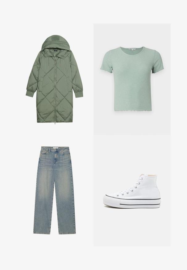 Manteau matelassé long vert avec capuche, doté d'une fermeture éclair à l'avant et de deux poches latérales. Motif en losanges texturé sur toute sa surface.; T-shirt en coton côtelé vert clair avec des manches courtes et un ourlet festonné. Présente un col rond et une texture douce.; Jean en denim droit taille haute bleu clair avec poches avant, passants de ceinture et fermeture éclair et bouton visibles.; Baskets montantes blanches en toile, semelle en caoutchouc noir et bande noire contrastante sur la semelle intermédiaire. Bout rond et design à lacets.