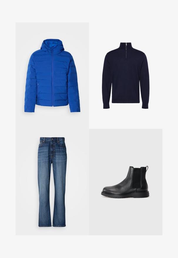 Veste rembourrée bleue avec capuche, dotée d'une fermeture éclair à l'avant et de poches latérales. Texture lisse avec des détails de couture verticale.; Pull bleu foncé à manches longues avec un col montant et une demi-fermeture éclair au centre devant, avec un petit logo brodé sur la poitrine.; Jean en denim bleu avec une taille haute, jambes évasées, design à cinq poches et couture ton sur ton. Comprend une fermeture à bouton et des poches rivetées.; Bottes Chelsea en cuir noir avec une finition texturée, des panneaux latéraux élastiques et une semelle en caoutchouc robuste. Branding subtil sur le talon.