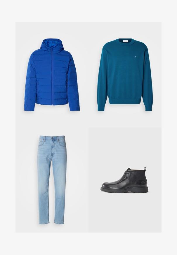 Veste rembourrée bleue avec capuche, dotée d'une fermeture éclair à l'avant et de poches latérales. Texture lisse avec des détails de couture verticale.; Pull en maille turquoise avec un col rond, des manches longues et un ourlet côtelé. Présente un petit logo en haut à gauche. Texture douce.; Jean en denim bleu clair avec une coupe droite, cinq poches et passants de ceinture. Le tissu présente une texture lisse avec un léger effet dégradé.; Bottes noires en cuir à talon arrondi, avec un design à lacets et une languette à l'arrière. Tige texturée et semelle en caoutchouc.