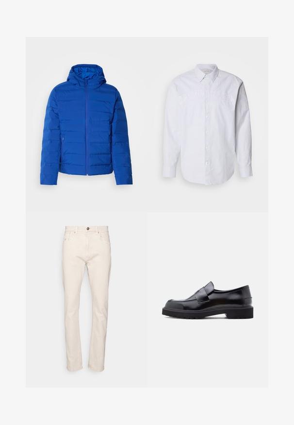 Chaqueta azul acolchada con capucha, presenta un cierre de cremallera en la parte frontal y bolsillos laterales. Textura suave con detalle de costuras verticales.; Camisa de lino de manga larga blanca con rayas verticales azules, que cuenta con un cierre de botones en la parte delantera y un logo en relieve "CALVIN KLEIN" en el pecho.; Jeans de mezclilla beige con corte recto, cinco bolsillos y cierre de botón marrón. Presenta detalles de costura sutiles y una textura suave.; Zapato negro de piel sin cordones con un diseño elegante, punta redondeada y una suela de goma gruesa y texturizada. Cuenta con una correa decorativa en la parte frontal.