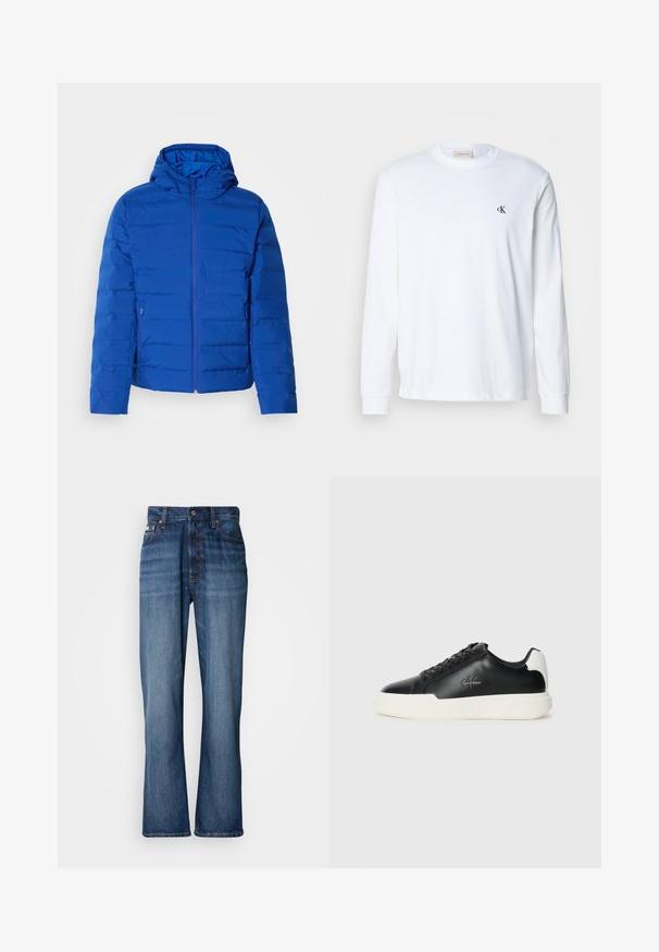 Veste rembourrée bleue avec capuche, dotée d'une fermeture éclair à l'avant et de poches latérales. Texture lisse avec des détails de couture verticale.; Chemise blanche en coton à manches longues avec col rond et petit logo noir "cK" sur la poitrine gauche.; Jean en denim bleu avec une taille haute, jambes évasées, design à cinq poches et couture ton sur ton. Comprend une fermeture à bouton et des poches rivetées.; Baskets en cuir noir avec semelle en caoutchouc blanche. Présentent un bout arrondi, un design à lacets et un détail de logo sur le côté. Accent arrière en blanc.