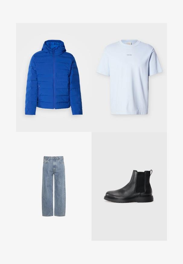 Veste rembourrée bleue avec capuche, dotée d'une fermeture éclair à l'avant et de poches latérales. Texture lisse avec des détails de couture verticale.; T-shirt en coton bleu clair avec col rond et manches courtes, arborant un petit logo "Calvin Klein" imprimé en noir sur la poitrine.; Jean bleu clair droit avec fermeture éclair et bouton à l'avant, passants de ceinture et design cinq poches.; Bottes Chelsea en cuir noir avec une finition texturée, des panneaux latéraux élastiques et une semelle en caoutchouc robuste. Branding subtil sur le talon.