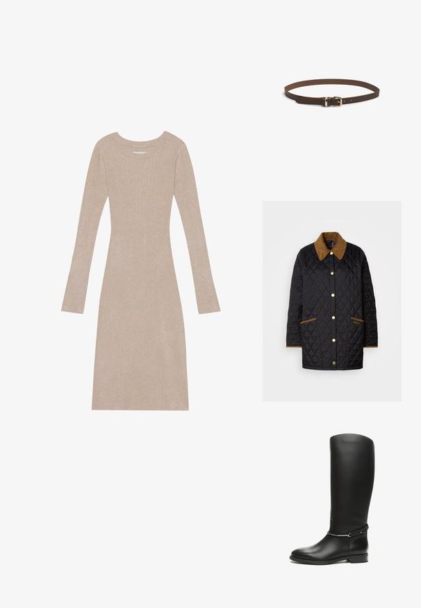 Gestepptes schwarzes Jacket mit einem braunen Cordkragen, goldenen Knöpfen und kontrastierenden Besätzen, ausgestattet mit zwei Fronttaschen und dezentem Branding.; Beiges, geripptes Strickkleid mit langen Ärmeln, Rundhalsausschnitt, figurbetonter Passform und weichem Material. Verfügt über vertikale Linien im gesamten Kleid.; Schwarzer kniehoher Stiefel aus Leder mit glatter Textur, abgerundeter Zehe, minimalistischem silbernem Schmuckdetail und flacher Sohle.; Brauner Ledergürtel mit einer goldfarbenen Metallschnalle, einer glatten Textur und fünf Einstelllöchern zur Größenanpassung. Einfaches, klassisches Design.