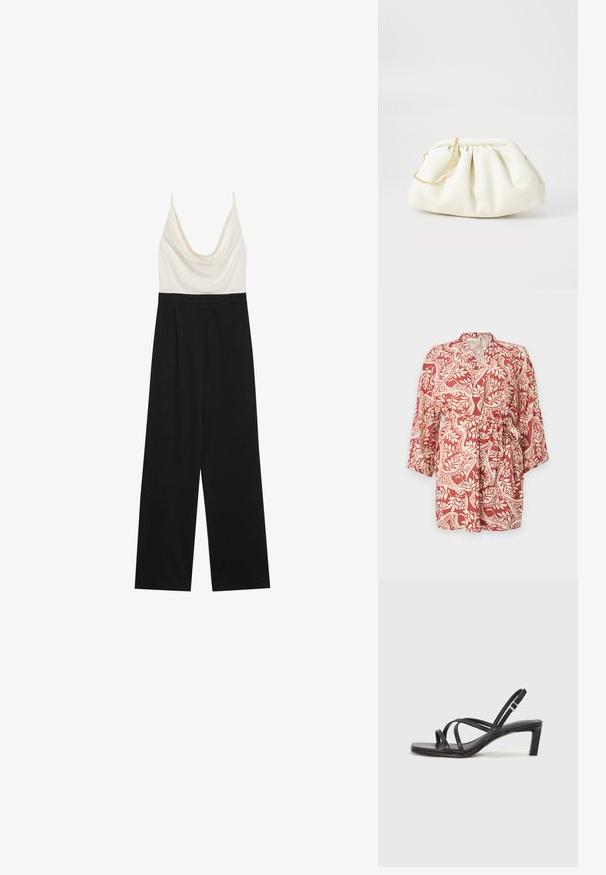 Rood en crèmekleurig kimono met een patroon, driekwartmouwen, een strikceintuur in de taille en bloemmotieven door de stof heen.; Jumpsuit met een kraag en een aansluitend ivoorkleurig bovenlichaam en wijde zwarte broekspijpen, gemaakt van een gladde, lichtgewicht stof. Geen zichtbare sluitingen.; Zwarte sandaal met bandjes, vierkante teen en een lage blokhak. Voorzien van meerdere dunne bandjes en een verstelbare enkelband. Gemaakt van zacht leer.; Witte leren handtas met een geassembleerd ontwerp, voorzien van een gouden kettingband en een ronde vorm. Gladde textuur met zachte plooien en geen patronen.