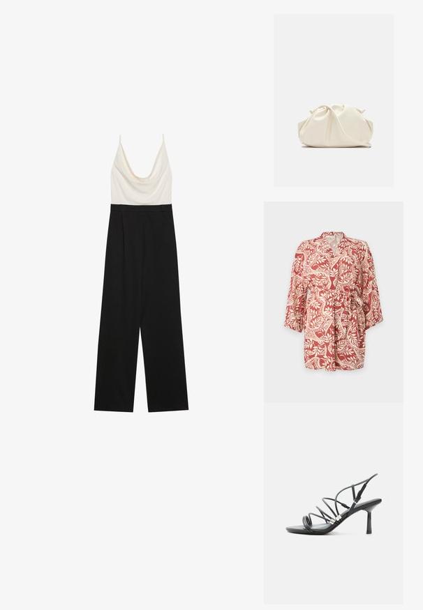 Kimono de patrón rojo y crema con mangas tres cuartos, cinta para atar en la cintura y motivos florales en toda la tela.; Mono con cuello de cisne que presenta un cuerpo ajustado en marfil y pantalones de pierna ancha en negro, hecho de una tela suave y ligera. Sin cinturas visibles.; Sandalia negra de tacón alto con tiras finas y curvas, detalles plateados y una hebilla ajustable en el tobillo sobre un fondo blanco.; Bolso de mano de cuero suave de color crema con diseño fruncido y plisado y una delgada correa para el hombro que descansa delante sobre un fondo liso.