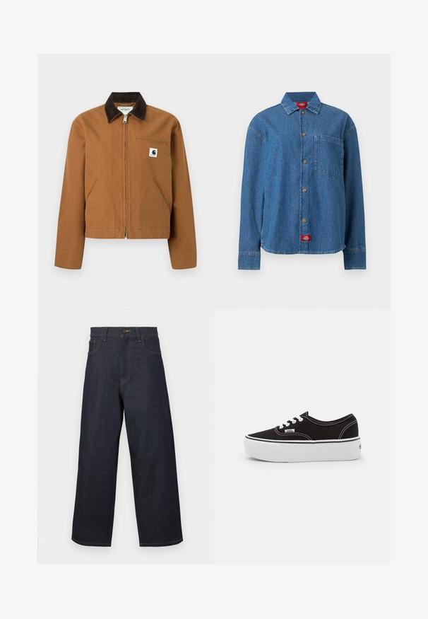 Καφέ ζακέτα Carhartt με φερμουάρ, σκούρο καφέ γιακά, δύο μπροστινές τσέπες και μικρό λογότυπο στο αριστερό στήθος.; Μπλε πουκάμισο από τζιν με μακριά μανίκια, κουμπιά μπροστά, μια τσέπη στο στήθος στην αριστερή πλευρά και μια κόκκινη ετικέτα με λογότυπο στο κάτω τελείωμα.; Σκούρο μπλε τζιν παντελόνι με φαρδιά μπατζάκια, με κουμπιά στο μπροστινό μέρος και τσέπες, απεικονίζεται πάνω σε λευκό ομοιόμορφο φόντο.; Μαύρο καστόρινο αθλητικό παπούτσι με λευκή καουτσούκ πλατφόρμα, που διαθέτει λευκές κορδόνες και ραφές, εμβληματική σήμανση στο πλάι, σε χαμηλό σχεδιασμό.