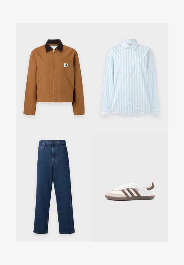 Καφέ ζακέτα Carhartt με φερμουάρ, σκούρο καφέ γιακά, δύο μπροστινές τσέπες και μικρό λογότυπο στο αριστερό στήθος.; Μακρυμάνικο πουκάμισο με κατακόρυφες ρίγες σε ανοιχτό γαλάζιο και λευκό, με τσέπη στο στήθος και κλασικό γιακά.; Ψηλοκάβαλες μπλε τζιν με φαρδύ μπατζάκι, που διαθέτουν πέντε τσέπες, κλείσιμο με κουμπί στο μπροστινό μέρος και ραφές κατά μήκος των συγκολλήσεων.; Λευκό αθλητικό παπούτσι Adidas Samba με καφέ σουέντ ρίγες, καφέ λαστιχένια σόλα και μπεζ καπάκι δακτύλου από σουέντ, εμφανιζόμενο από την εξωτερική πλευρά σε απλό φόντο.