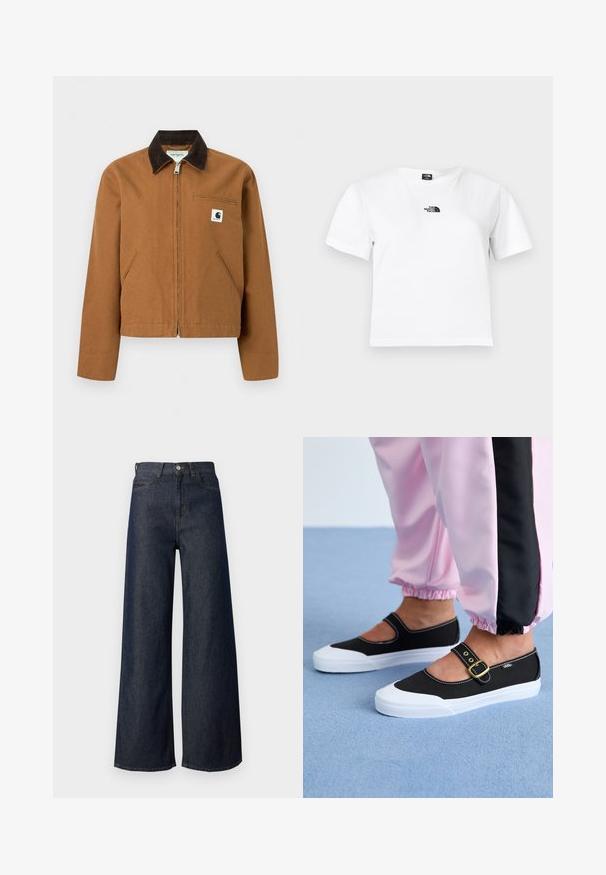 Καφέ ζακέτα Carhartt με φερμουάρ, σκούρο καφέ γιακά, δύο μπροστινές τσέπες και μικρό λογότυπο στο αριστερό στήθος.; Λευκό βαμβακερό T-shirt με κοντά μανίκια, στρογγυλή λαιμόκοψη και μαύρο λογότυπο The North Face στο στήθος. Απλός, λιτός σχεδιασμός.; Τζιν παντελόνι με φαρδύ μπατζάκι και ψηλή μέση, με σχέδιο πέντε τσεπών, χρυστό ράψιμο και μεταλλικό κουμπί. Λείο υλικό συνολικά.; Μαύρα καμβά παπούτσια με λευκή σόλα, με σχέδιο κοπής και χρυσό λουρί. Φορεμένα με ροζ φόρμες.