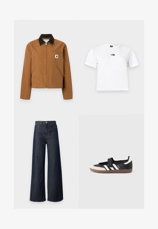 Καφέ ζακέτα Carhartt με φερμουάρ, σκούρο καφέ γιακά, δύο μπροστινές τσέπες και μικρό λογότυπο στο αριστερό στήθος.; Λευκό βαμβακερό T-shirt με κοντά μανίκια, στρογγυλή λαιμόκοψη και μαύρο λογότυπο The North Face στο στήθος. Απλός, λιτός σχεδιασμός.; Τζιν παντελόνι με φαρδύ μπατζάκι και ψηλή μέση, με σχέδιο πέντε τσεπών, χρυστό ράψιμο και μεταλλικό κουμπί. Λείο υλικό συνολικά.; Μαύρο και μπεζ αθλητικό παπούτσι με λουράκι βέλκρο, τρεις λευκές ρίγες στο πλάι και υφασμένη καφέ πατούσα από καουτσούκ. Ορατό το λογότυπο της μάρκας.