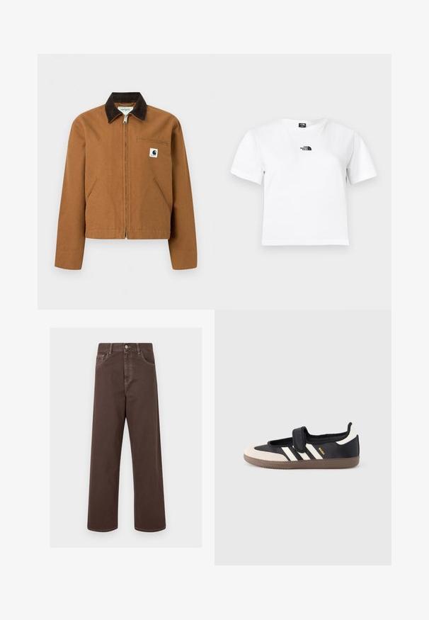 Καφέ ζακέτα Carhartt με φερμουάρ, σκούρο καφέ γιακά, δύο μπροστινές τσέπες και μικρό λογότυπο στο αριστερό στήθος.; Λευκό βαμβακερό T-shirt με κοντά μανίκια, στρογγυλή λαιμόκοψη και μαύρο λογότυπο The North Face στο στήθος. Απλός, λιτός σχεδιασμός.; Καφέ παντελόνι τζιν με φαρδιά γραμμή, σε αντίθεση ραφές, πέντε τσέπες και μεταλλικό κούμπωμα. Λείο υλικό, κανονική εφαρμογή.; Μαύρο και μπεζ αθλητικό παπούτσι με λουράκι βέλκρο, τρεις λευκές ρίγες στο πλάι και υφασμένη καφέ πατούσα από καουτσούκ. Ορατό το λογότυπο της μάρκας.