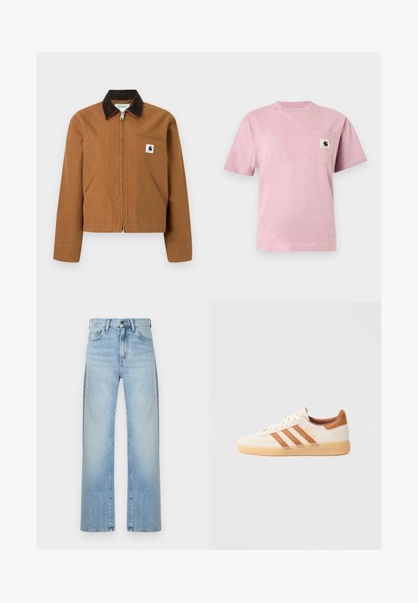 Καφέ ζακέτα Carhartt με φερμουάρ, σκούρο καφέ γιακά, δύο μπροστινές τσέπες και μικρό λογότυπο στο αριστερό στήθος.; Ανοιχτό ροζ κοντομάνικη μπλούζα με τσέπη στο αριστερό στήθος που έχει ένα μικρό λογότυπο της Carhartt.; Ανοιχτό μπλε τζιν ψηλόμεσο, με ίσια ραφή, εμπρόσθιο κουμπί, φερμουάρ και σχεδιασμό με πέντε τσέπες, σε απλό φόντο.; Λευκό sneaker από σουέτ με ανοιχτό καφέ ενισχύσεις από δίχτυ και τρεις καφέ ρίγες. Διαθέτει υφή στη σόλα από καουτσούκ και το λογότυπο "SPEZIAL" στη πλευρά.