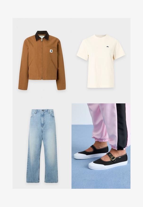 Καφέ ζακέτα Carhartt με φερμουάρ, σκούρο καφέ γιακά, δύο μπροστινές τσέπες και μικρό λογότυπο στο αριστερό στήθος.; Κρεμ κοντομάνικη μπλούζα με στρογγυλή λαιμόκοψη και μικρό μαύρο ημικύκλιο λογότυπο στο αριστερό στήθος, απλός σχεδιασμός σε ανοιχτό γκρι φόντο.; Φαρδιά τζιν παντελόνια σε ανοιχτό μπλε χρώμα, φτιαγμένα από denim. Διαθέτουν ψηλή μέση, κανονικές τσέπες και ξεθωριασμένο φινίρισμα. Ευθεία κοπή με καθαρά τελειώματα.; Μαύρα καμβά παπούτσια με λευκή σόλα, με σχέδιο κοπής και χρυσό λουρί. Φορεμένα με ροζ φόρμες.