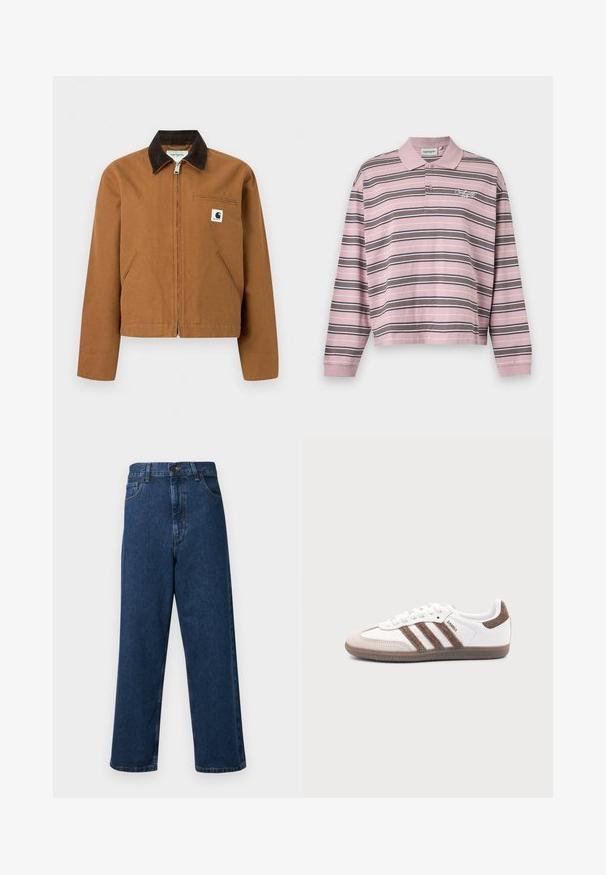 Καφέ ζακέτα Carhartt με φερμουάρ, σκούρο καφέ γιακά, δύο μπροστινές τσέπες και μικρό λογότυπο στο αριστερό στήθος.; Ροζ πόλο με μακριά μανίκια, οριζόντιες μαύρες και λευκές ρίγες και πατιλέτα με δύο κουμπιά, με μικρό κεντητό λογότυπο στο στήθος.; Ψηλοκάβαλες μπλε τζιν με φαρδύ μπατζάκι, που διαθέτουν πέντε τσέπες, κλείσιμο με κουμπί στο μπροστινό μέρος και ραφές κατά μήκος των συγκολλήσεων.; Λευκό αθλητικό παπούτσι Adidas Samba με καφέ σουέντ ρίγες, καφέ λαστιχένια σόλα και μπεζ καπάκι δακτύλου από σουέντ, εμφανιζόμενο από την εξωτερική πλευρά σε απλό φόντο.