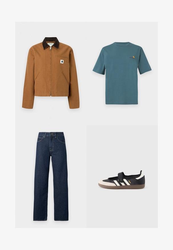 Καφέ ζακέτα Carhartt με φερμουάρ, σκούρο καφέ γιακά, δύο μπροστινές τσέπες και μικρό λογότυπο στο αριστερό στήθος.; Τιρκουάζ βαμβακερή μπλούζα με κοντό μανίκι, που διαθέτει στρογγυλή λαιμόκοψη και μικρό κεντητό λογότυπο σε πορτοκαλί και μπορντό στην περιοχή του στήθους.; Σκούρο μπλε τζιν παντελόνι με ίσια γραμμή, μπροστινό κουμπί, φερμουάρ και πέντε τσέπες, σε λευκό φόντο.; Μαύρο και μπεζ αθλητικό παπούτσι με λουράκι βέλκρο, τρεις λευκές ρίγες στο πλάι και υφασμένη καφέ πατούσα από καουτσούκ. Ορατό το λογότυπο της μάρκας.