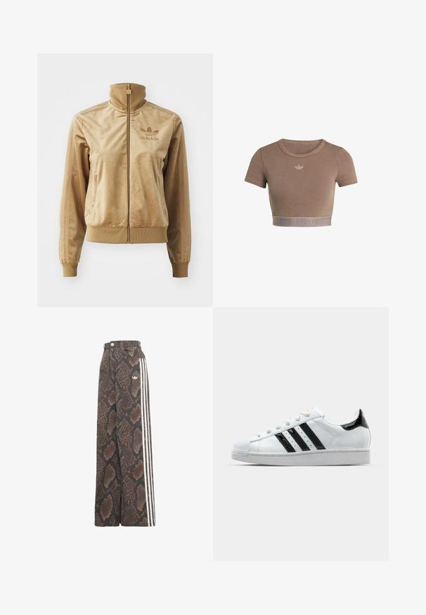 Tan velours zip-up jack met een hoge kraag. Bevat ribgebreide boorden en zoom, zijzakken en een geborduurd logo op de borst.; Bruin geribd crop top met korte mouwen, ronde halslijn en een textuurrand aan de onderkant met een subtiel logopatroon.; Wijde broek met een bruin-zwart slangenhuidpatroon, met witte drie-strepen aan de zijkant en het Adidas trefoil-logo op de heup.; Witte sneaker met zwarte gepatineerde accenten, drie zwarte strepen en een rubberen neuzenkap. Voorzien van witte veters en een gladde bovenkant.
