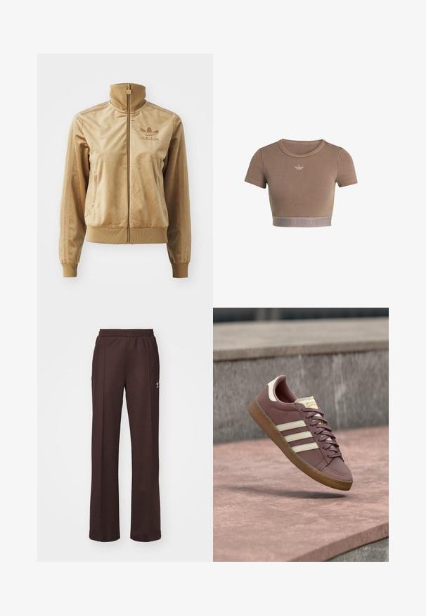 Tan velours zip-up jack met een hoge kraag. Bevat ribgebreide boorden en zoom, zijzakken en een geborduurd logo op de borst.; Bruin geribd crop top met korte mouwen, ronde halslijn en een textuurrand aan de onderkant met een subtiel logopatroon.; Bruine sportieve broek met een elastische tailleband, twee zijzakken en een klein logo aan de linkerzijde, gemaakt van een zachte stof.; Roze leren sneaker met beige accenten, voorzien van drie witte strepen, een ronde neus, een bruine rubberen zool en veters. Klassiek ontwerp met stiksel details.