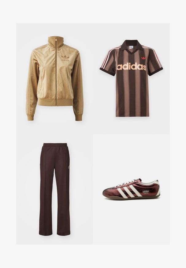 Tan velours zip-up jack met een hoge kraag. Bevat ribgebreide boorden en zoom, zijzakken en een geborduurd logo op de borst.; Bruine gestreepte Adidas polo met V-hals, bordeauxrode kraag en rood logo. Heeft witte en rode schouderstrepen, korte mouwen.; Bruine sportieve broek met een elastische tailleband, twee zijzakken en een klein logo aan de linkerzijde, gemaakt van een zachte stof.; Lage metallic bordeauxkleurige Adidas sneaker met witte strepen, veters en "Adidas Tokyo" merk aan de zijkant.