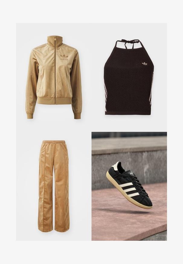 Tan velours zip-up jack met een hoge kraag. Bevat ribgebreide boorden en zoom, zijzakken en een geborduurd logo op de borst.; Zwarte mesh halter crop top met een textuurpatroon. Voorzien van roze accentstrepen en een klein logo aan de voorkant. Sluiting met strik aan de achterkant.; Tan wijde broek van zacht, fluweelachtig materiaal. Voorzien van een elastische tailleband en verticale naden aan de voorkant voor extra detail.; Zwarte Adidas sneaker met witte strepen en beige zool, vastgelegd in de lucht boven een stenen oppervlak en een stenen muur op de achtergrond.