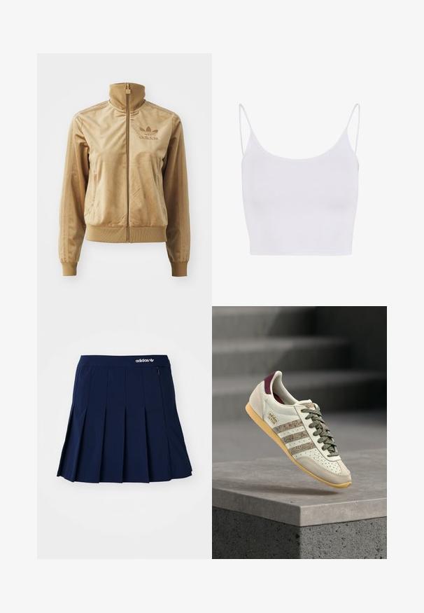 Tan velours zip-up jack met een hoge kraag. Bevat ribgebreide boorden en zoom, zijzakken en een geborduurd logo op de borst.; Witte cami-top met dunne verstelbare banden, een aansluitend ontwerp en een gladde, rekbare textuur zonder patronen of versieringen.; Marineblauwe plooienrok van lichtgewicht stof; heeft een elastische tailleband en een klein zipvak, met een wit Adidas-logo op de voorkant.; Witte en beige Adidas Japan sneaker met patroonstrepen, grijze veters, bordeauxrode hiel en gummizool zwevend boven een betonnen rand.
