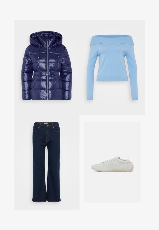 Marineblå pufferjakke med en blank overflade, hætte, lynlås lukning, justerbare snore og en belted talje. Kviltet tekstur og sidelommer.; Lyseblå, off-the-shoulder langærmet top med ribbet udskæring og manchetter, tætsiddende design og glat, let stof.; Mørkeblå denim wide-leg jeans med lukning foran med knap og lynlås, fem lommer og kontrastsyde. Glat tekstur.; Lysegrå ruskindssneaker med lavprofil-design, snørelukning og blød beige gummisål. Diskrete syningsdetaljer tilfører tekstur.