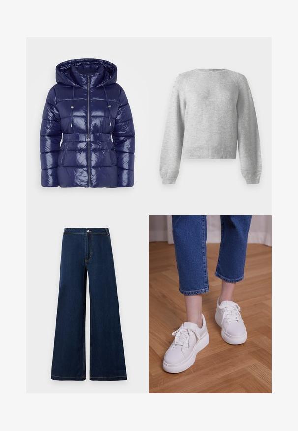 Marineblå pufferjakke med en blank overflade, hætte, lynlås lukning, justerbare snore og en belted talje. Kviltet tekstur og sidelommer.; Grå sweater med rund halsudskæring, lange ærmer og ribbet kant. Har dekorative detaljer på skuldrene, lavet af blødt, tekstureret stof.; Bredde denim jeans i mørkeblå med guld sting, der har en frontknap og lynlåslukning samt et klassisk fem-lomme design.; Ben iført cropped blå jeans og hvide snørebånds-plateausneakers, stående på lyst trægulv.