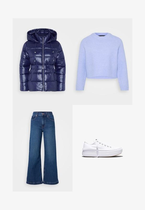 Marineblå pufferjakke med en blank overflade, hætte, lynlås lukning, justerbare snore og en belted talje. Kviltet tekstur og sidelommer.; Lysblå cropped sweater lavet af blødt, tekstureret stof, med ribbet halsudskæring og kant samt lange ærmer.; Bredde denim jeans i mørkeblå, med høj talje, fem-lommes design og opsmøgede bukseben. Glat tekstur med diskrete sy-detaljer.; Hvid lavt snørestøvle med tyk plateau-sål, snørelukning foran og gummiforstærket tåkap, set i sideprofil.