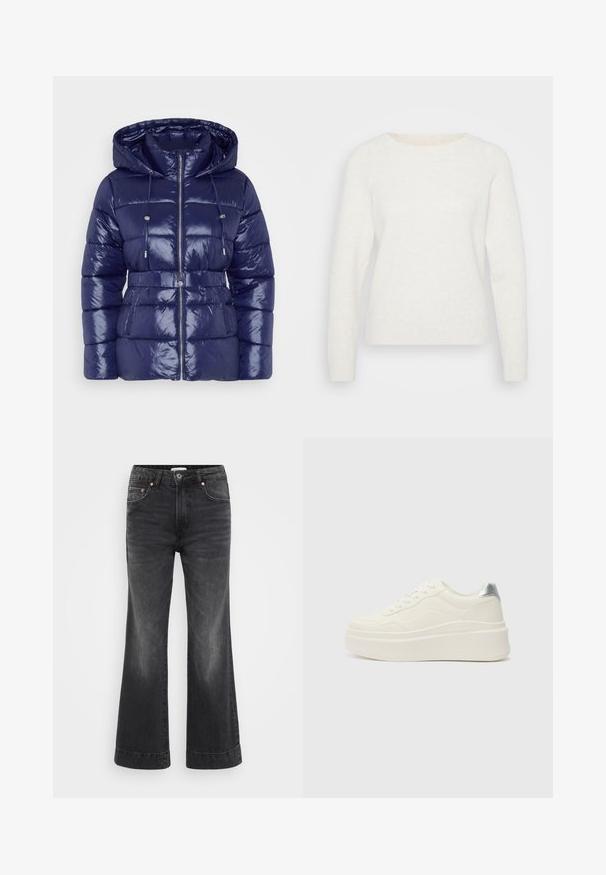 Marineblå pufferjakke med en blank overflade, hætte, lynlås lukning, justerbare snore og en belted talje. Kviltet tekstur og sidelommer.; Hvid strikket sweater med lange ærmer, rund halsudskæring og ribbet kant. Blød tekstur med en let fuzzy overflade. Ingen synlige mønstre.; Sorte brede ben jeans med høj talje, lavet af denim. Har forlommer, kobbernitter og synlige sømme langs sømmenes kant.; Even&Odd Wide Fit Sneakers - white/silver-coloured