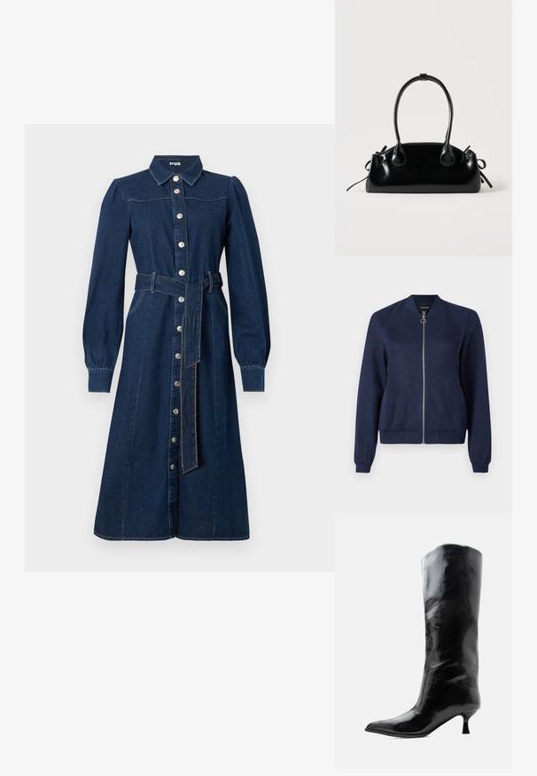 Marineblauwe bomberjack met een zilveren rits en ronde trekstrip, met ribgebreide manchetten en tailleband, tegen een effen witte achtergrond.; Donkerblauwe denim jurk met lange mouwen, knoopsluiting aan de voorkant, kraag en een bijpassende riem in de taille; heeft subtiele stiksels en zakken.; Zwarte glanzende kniehoge leren laars met puntige neus en lage gebogen hak op een effen lichte achtergrond.; Kleine zwarte glanzende handtas met twee lange hengsels en zijkant trekkoord details op een effen lichte achtergrond.