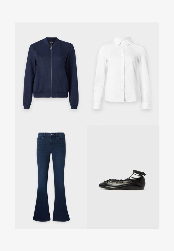Chaqueta tipo bomba azul marino con cremallera plateada y tirador redondo, con puños y cinturilla acanalados, sobre un fondo blanco liso.; Camisa blanca de manga larga con botones, cuello puntiagudo, bajo recto y silueta ajustada, presentada sobre un fondo claro y liso.; Vaqueros de mezclilla azul oscuro con cintura alta y piernas acampanadas, con bolsillos delanteros, trabillas para el cinturón y cierre de botón.; Zapatos planos tipo ballet de charol negro con punta redondeada, diseño con cordones y suela plana. Textura lisa con detalles mínimos.