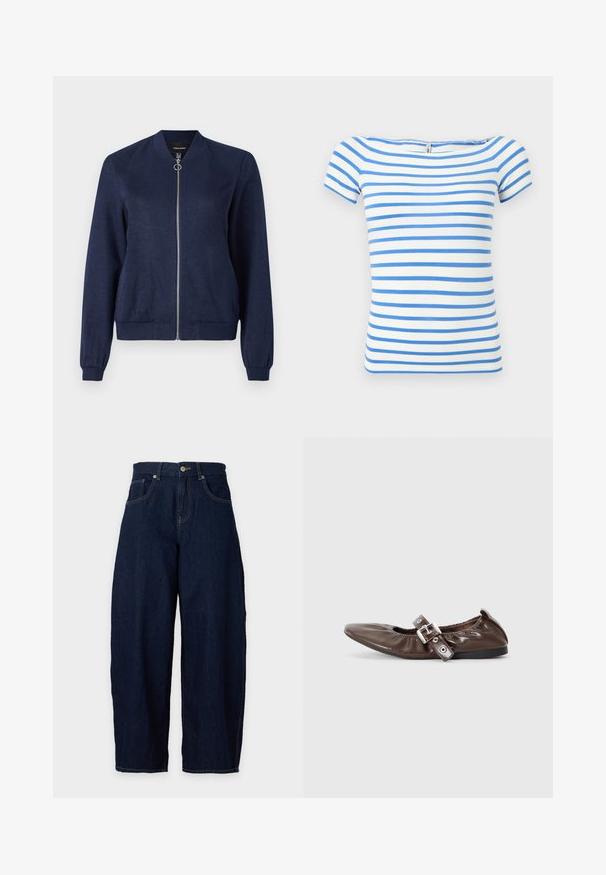 Chaqueta tipo bomba azul marino con cremallera plateada y tirador redondo, con puños y cinturilla acanalados, sobre un fondo blanco liso.; Top blanco de manga corta con rayas horizontales azules y escote amplio.; Vaqueros de mezclilla azul oscuro con pernera ancha, cierre frontal con botón y cremallera, trabillas para cinturón y bolsillos delanteros sobre un fondo claro.; Zapato plano de charol marrón con puntera puntiaguda, detalle de lazo elástico y un acento de hebilla plateada en el costado. Suela de goma negra.