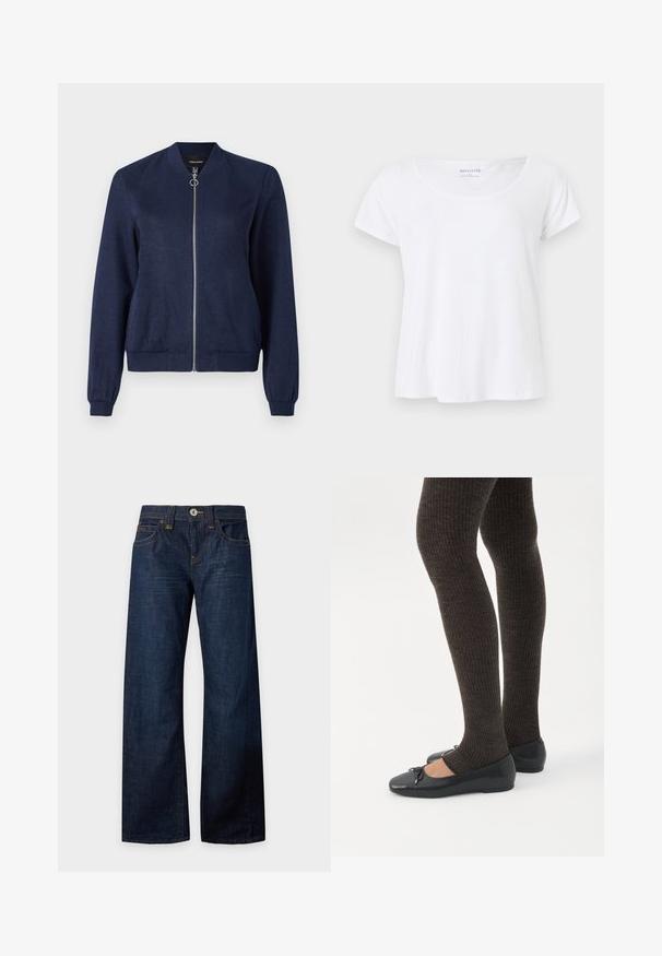 Chaqueta tipo bomba azul marino con cremallera plateada y tirador redondo, con puños y cinturilla acanalados, sobre un fondo blanco liso.; Camiseta blanca de manga corta con cuello redondo, talla pequeña, diseño liso, mostrada sobre un fondo gris claro.; Vaqueros azul oscuro de pierna ancha con cierre de botón y cremallera, bolsillos delanteros y traseros, trabillas para cinturón y costuras en contraste, colocados extendidos sobre un fondo blanco.; Piernas con leggings oscuros acanalados combinados con bailarinas negras que presentan pequeños detalles de lazo sobre un fondo blanco.