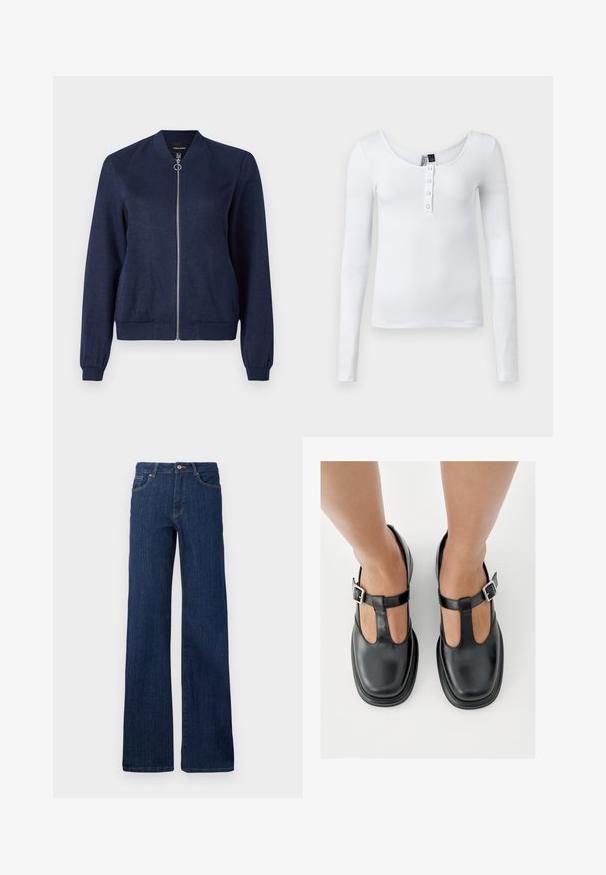 Chaqueta tipo bomba azul marino con cremallera plateada y tirador redondo, con puños y cinturilla acanalados, sobre un fondo blanco liso.; Blusa blanca de manga larga y tejido acanalado con escote en forma de barco y cuatro botones en el frente. La tela tiene una textura suave y un diseño ajustado.; Jeans de mezclilla azul oscuro con corte recto, cinco bolsillos, cierre de botón y cremallera, y detalles de costura mínimos. Textura suave.; Zapatos de cuero negro con diseño de correa en T, punta cerrada y detalles de hebilla plateada. Textura lisa con punta redondeada y suela plana.