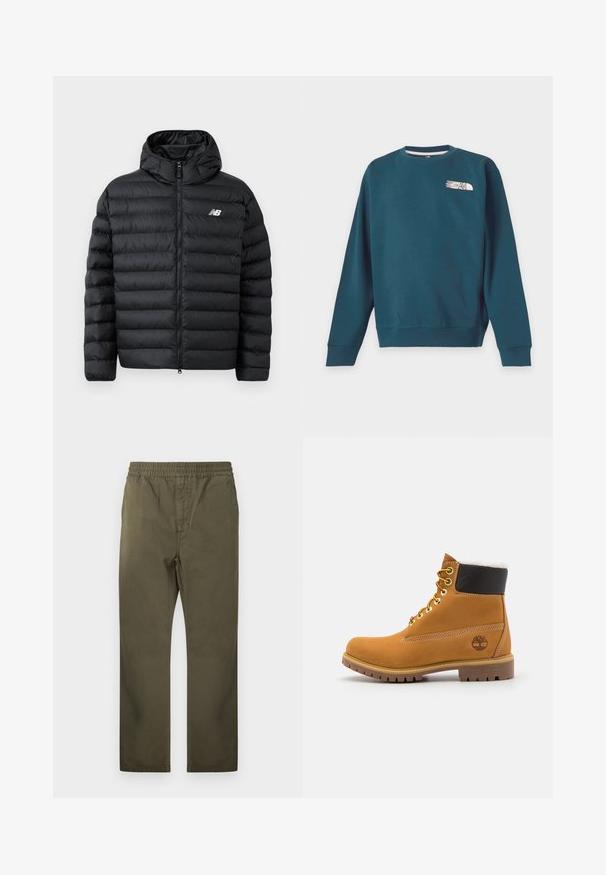 Čierna puffrová bunda s kapucňou, so zapínaním na zips, prešívanou štruktúrou a logom New Balance na ľavej hrudi. Hladký, ľahký materiál.; Tmavozelená mikina s dlhým rukávom, okrúhlym výstrihom a malým bielym logom The North Face na ľavej strane hrudníka.; Olivovo zelené nohavice s rovnými nohavicami, elastickým pásom a viditeľným predným švom, zobrazené na bielom pozadí.; Hnedé kožené ankle boot s kovovými očkami, bielym kožúškom vo vnútri, čiernym vypolstrovaným golierom, robustnou podrážkou a vyrazeným logom na boku.