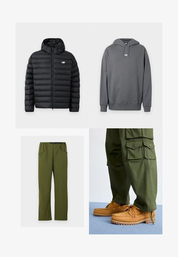 Chaqueta de plumas negra con capucha, con cierre frontal de cremallera, textura acolchada y logo de New Balance en el lado izquierdo del pecho. Material suave y ligero.; Sudadera con capucha gris hecha de tela suave, con bolsillo canguro, capucha con cordón, puños acanalados y un pequeño logo en el pecho.; Pantalones de corte recto en verde oliva con cintura elástica y cinturón negro ajustable con hebilla, bolsillos delanteros y laterales, detalle de costura frontal.; Timberland AUTHENTIC 3 EYE - Náuticos - wheat