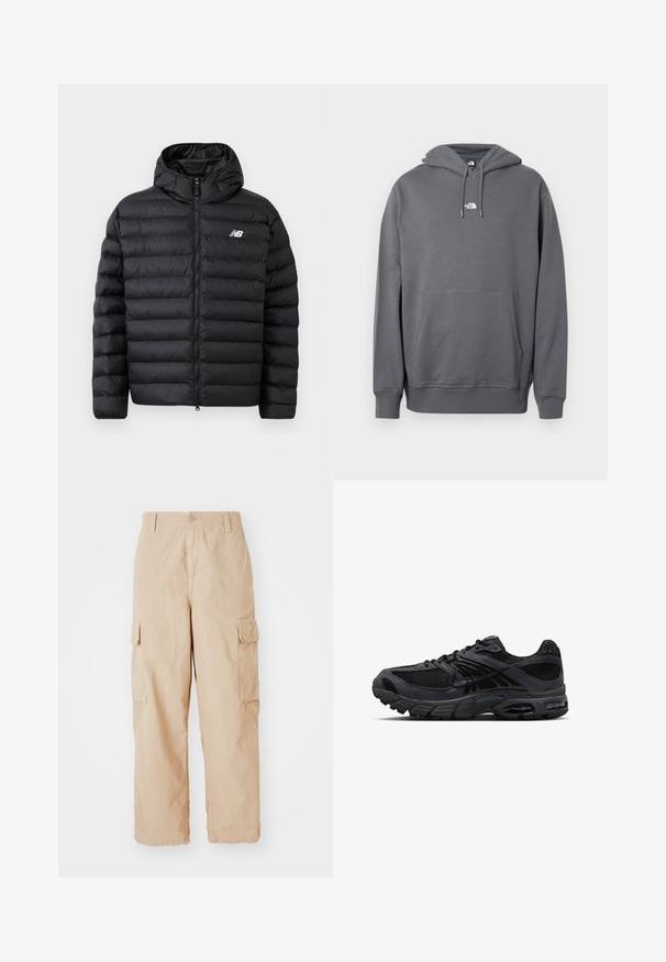 Zwarte pufferjack met capuchon, met een ritssluiting aan de voorkant, gequiltde textuur en het New Balance-logo op de linkerborst. Glad, lichtgewicht materiaal.; Grijze hoodie gemaakt van zachte stof, met een kangoeroezak, capuchon met trekkoord, geribbelde boorden en een klein logo op de borst.; Beige cargobroek met een relaxte pasvorm, gemaakt van lichtgewicht stof, voorzien van twee zij-cargozakken en een knoopsluiting in de taille.; Zwarte en donkergrijze Nike hardloopschoen met meshstof, suède overlays, een gedempte zool en zichtbare luchtunits in de hiel en voorvoet.