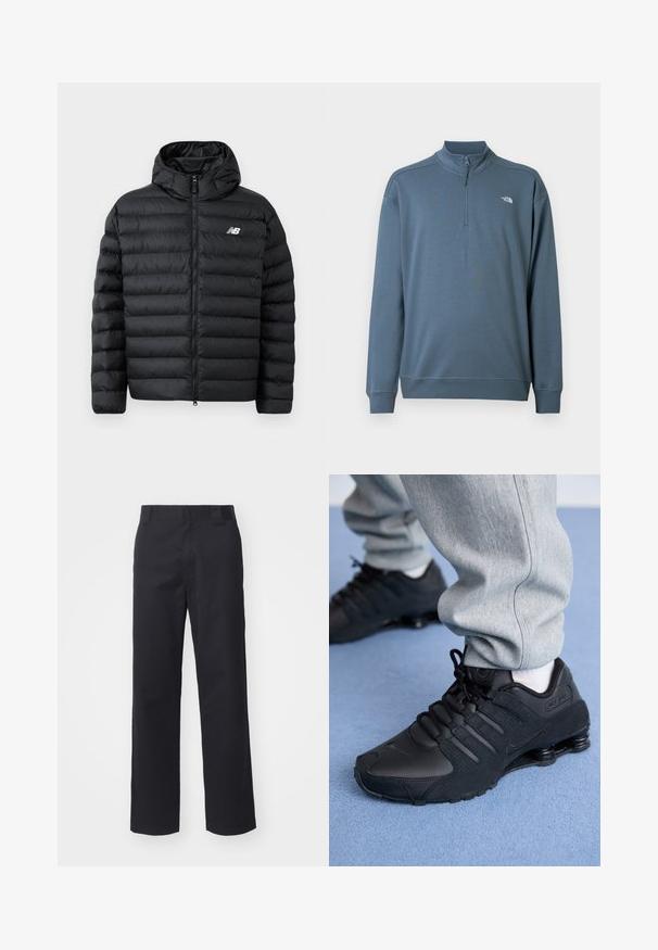 Schwarze Daunenjacke mit Kapuze, Frontreißverschluss, gestepptem Design und New Balance-Logo auf der linken Brust. Glattes, leichtes Material.; Blauer Langarm-Quarter-Zip-Pullover mit Stehkragen und kleinem weißen The North Face-Logo auf der linken Brust.; Schwarze gerade geschnittene Hose aus einem Baumwollmischgewebe. Verfügt über einen flachen Bund mit Gürtelschlaufen und keinerlei sichtbare Hardware oder Verzierungen.; Person in schwarzen Nike Shox Sneakers und grauen Jogginghosen, der auf einem hellblauen Teppich steht.