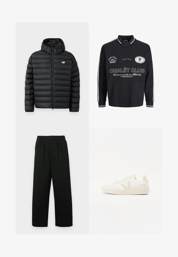 Zwarte pufferjack met capuchon, met een ritssluiting aan de voorkant, gequiltde textuur en het New Balance-logo op de linkerborst. Glad, lichtgewicht materiaal.; Zwarte lange mouwen polo met witte bies op mouwen en kraag, met witte tekst en logo's waaronder "Chalét Club" en decoratieve sterren.; Zwarte, wijde broek met een elastische tailleband en knoopsluiting. Gemaakt van zachte stof, met een subtiele textuur en zonder patronen.; Witte sneaker met beige accenten, voorzien van een gestructureerde bovenkant, ronde neus en een dikke rubberen zool. Het ontwerp bevat het iconische V-logo en merkbranding.
