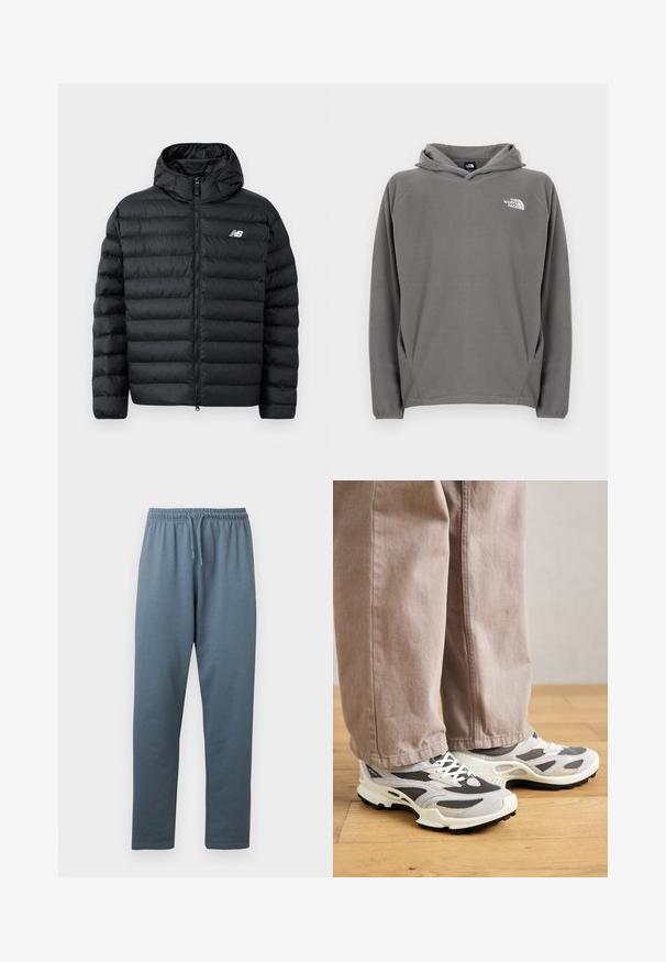 Sort forlængelsesjakke med hætte, med lynlås foran, quilted struktur og New Balance-logo på venstre bryst. Glat, let materiale.; Grå fleece-hættetrøje med frontlomme, justerbar snøre i hætten og et lille hvidt logo på venstre bryst.; Blågrå sweatpants med elastisk talje, justerbar snor og lige ben, vist mod en hvid baggrund.; En person iført beige bredbukser og grå-hvide sportsko står på et trægulv.