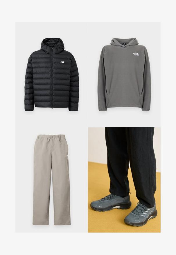 Schwarze Daunenjacke mit Kapuze, Frontreißverschluss, gestepptem Design und New Balance-Logo auf der linken Brust. Glattes, leichtes Material.; Grauer Fleece-Kapuzenpullover mit Fronttasche, verstellbarem Kordelzug an der Kapuze und kleinem weißem Logo auf der linken Brustseite.; Beige gerade geschnittene Hose mit elastischem Bund und kleinem weißem Logo an der rechten Seitennaht.; Graue Netz- und synthetische Sportschuhe mit ausgeprägtem Profil, reflektierenden Akzenten und Schnürdesign, kombiniert mit lockeren schwarzen Hosen.