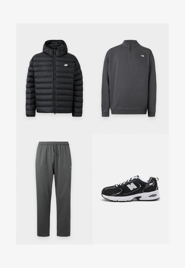 Schwarze Daunenjacke mit Kapuze, Frontreißverschluss, gestepptem Design und New Balance-Logo auf der linken Brust. Glattes, leichtes Material.; Dunkelgrauer Langarm-Pullover mit Viertel-Reißverschluss am Kragen und kleinem weißen The North Face Logo auf der linken Brust.; Dunkelgraue Fleece-Sweathosen mit elastischem Bund und Kordelzug, mit kleinem Logo am rechten Oberschenkel.; Schwarze und graue Sportschuhe mit Obermaterial aus Mesh und Wildleder, ausgestattet mit einer weißen Zwischensohle, Schnürsenkeln und einem markanten "N"-Logo an der Seite.