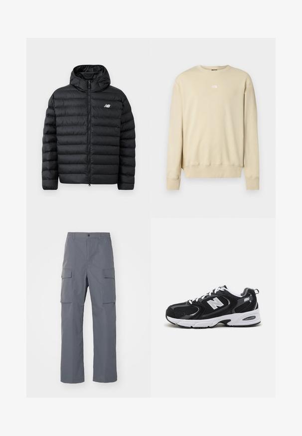 Schwarze Daunenjacke mit Kapuze, Frontreißverschluss, gestepptem Design und New Balance-Logo auf der linken Brust. Glattes, leichtes Material.; Beige Sweatshirt mit langen Ärmeln, gerippten Bündchen und rundem Ausschnitt. Mit kleinem weißem Logo auf der Brust. Weiche Textur.; Grau Cargo-Hosen aus strapazierfähigem Stoff. Zu den Merkmalen gehören ein elastischer Bund, zwei große Seitentaschen und ein gerader Schnitt.; Schwarze und graue Sportschuhe mit Obermaterial aus Mesh und Wildleder, ausgestattet mit einer weißen Zwischensohle, Schnürsenkeln und einem markanten "N"-Logo an der Seite.