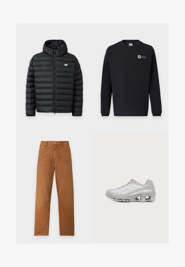 Chaqueta de plumas negra con capucha, con cierre frontal de cremallera, textura acolchada y logo de New Balance en el lado izquierdo del pecho. Material suave y ligero.; Sudadera negra de manga larga hecha de tela suave. Cuenta con cuello redondo, puños acanalados y logo en el pecho y la manga. Diseño sencillo y clásico.; Pantalones marrones de pierna recta con trabillas para cinturón, bolsillos frontales y cierre de botón, mostrados sobre un fondo claro y liso.; Zapatilla deportiva gris y blanca con paneles de malla, diseño con cordones y una suela única tipo resorte para amortiguación y soporte.